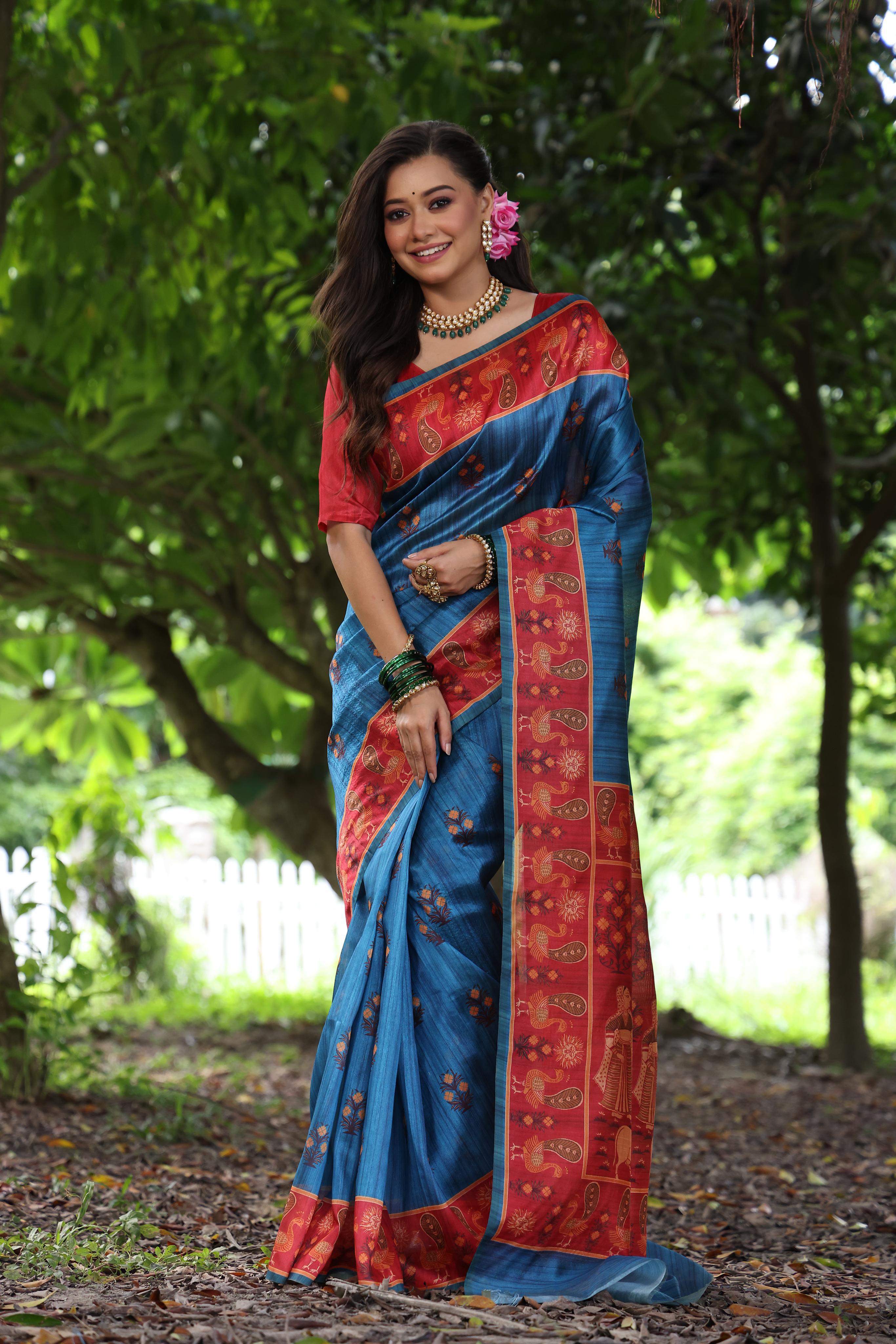 Premium Mixture of Peacock and Pichwai Print Soft Tussar Silk Saree